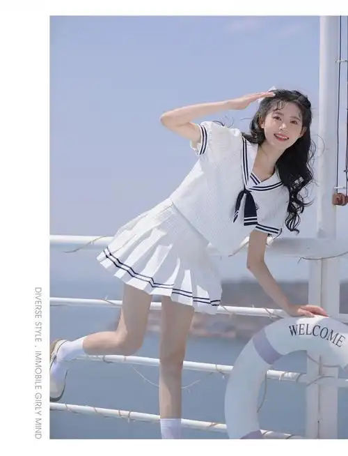 少女水手服海军风甜美套装裙日系条纹jk学院风两件白色连衣裙领带l