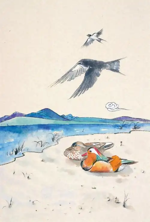 迟日江山丽,春风花草香.泥融飞燕子,沙暖睡鸳鸯.