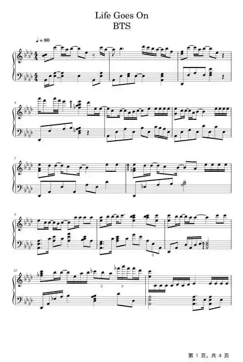 lifegoeson钢琴谱btsa调流行钢琴五线谱