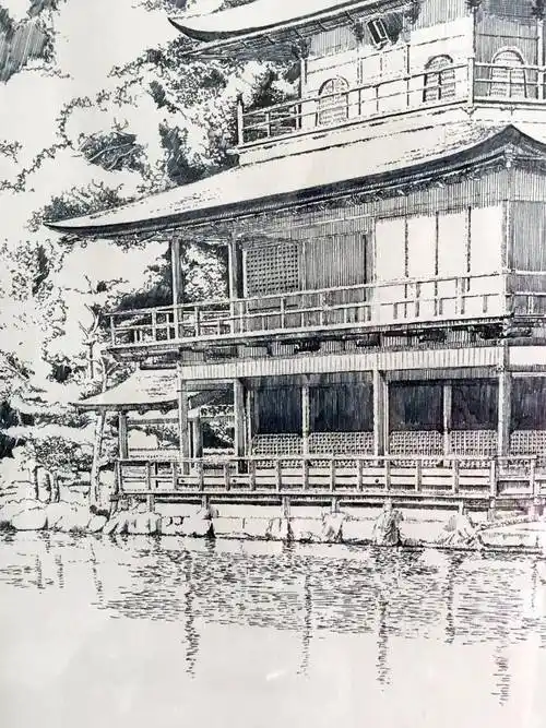 心中若有桃花源 何处不是水云间——三田钢笔画《金阁寺》_日本
