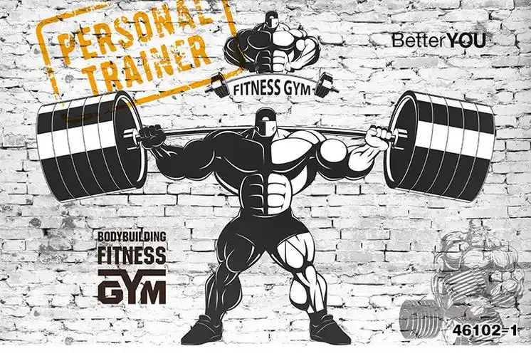 时尚涂鸦运动健身房墙纸酒吧ktv大型举重肌肉男砖墙木纹壁纸壹德壹