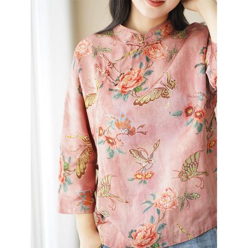 艾绘馆新中式人丝香云纱蝴蝶印花唐装女春夏季民族风禅意开衫上衣