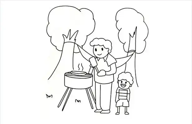 小朋友和爸爸去户外野炊烧烤的简笔画图片标签:场景简笔画烧烤简笔画