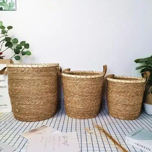 厂家热销新款蒲草手编收纳筐 蒲草编制家居使用收纳筐可定制