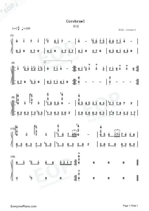 解谜-cerebrawl-植物大战僵尸双手简谱预览1-钢琴谱文件(五线谱,双手