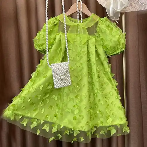 女童公主连衣裙夏款仙气网红裙欧美跨境女童网纱裙绿色蝴蝶连衣裙