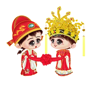 卡通手绘复古风新郎新娘古装凤冠霞帔婚服