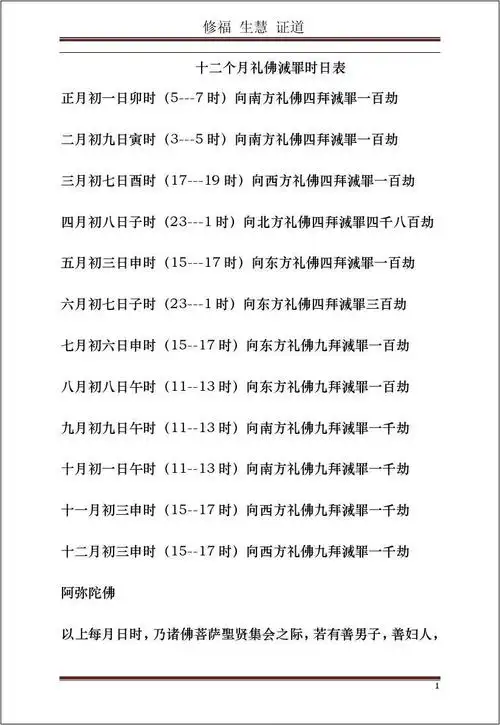十二个月礼佛灭罪时日表