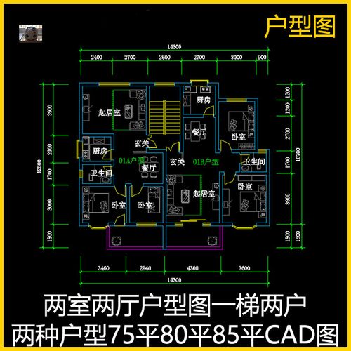 两室两厅户型图一梯两户两种户型75平80平85平cad图
