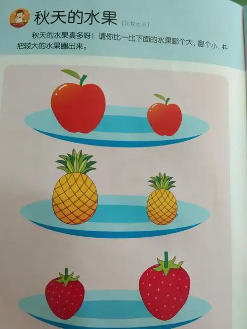 秋天的水果 引导幼儿用一一对应的方法,找出较大的物体,学会比较大小