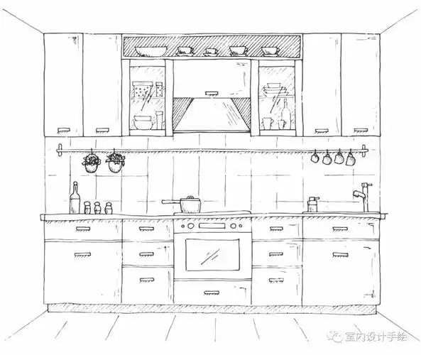 关于厨房橱柜的室内设计手绘线稿