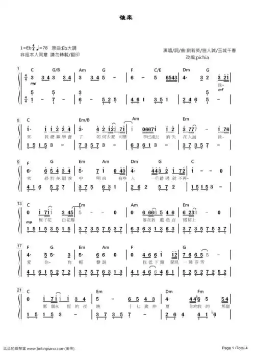 廷廷的钢琴窝 手机版 钢琴谱下载 - [简谱]-刘若英(rene liu) - 后来