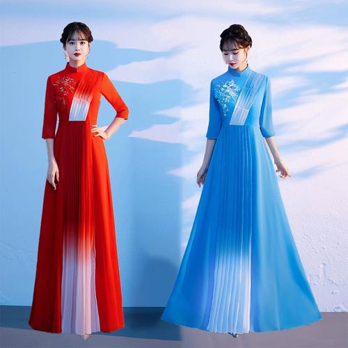 红歌大合唱演出服装女长裙中国风礼服朗诵指挥服合唱团舞台表演服