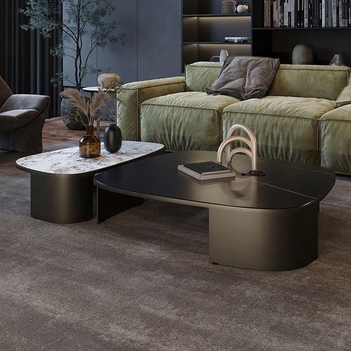 北欧现代岩板茶几意式客厅简约风家具轻奢极简椭圆碳素钢组合茶几