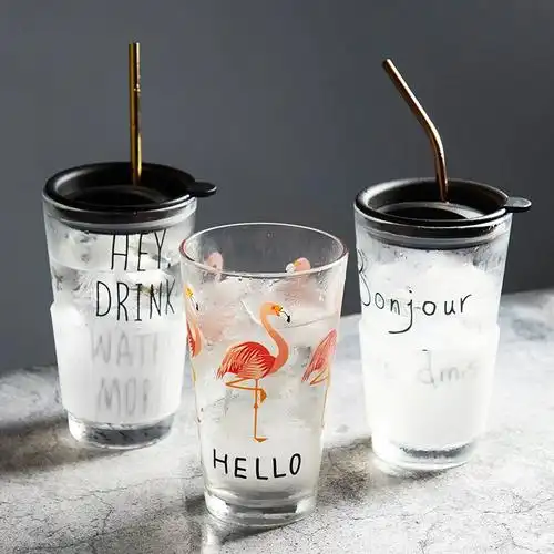 耐热玻璃杯创意ins网红水杯带勺盖吸管加厚牛奶杯大容量透明杯子