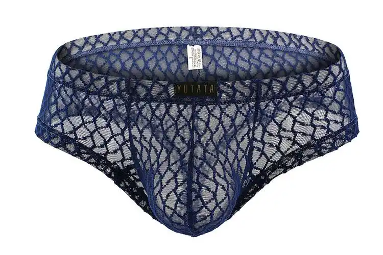 男士性感网纱大丁字内裤小平角男式露臀低腰透气透明大码 酒红色 l