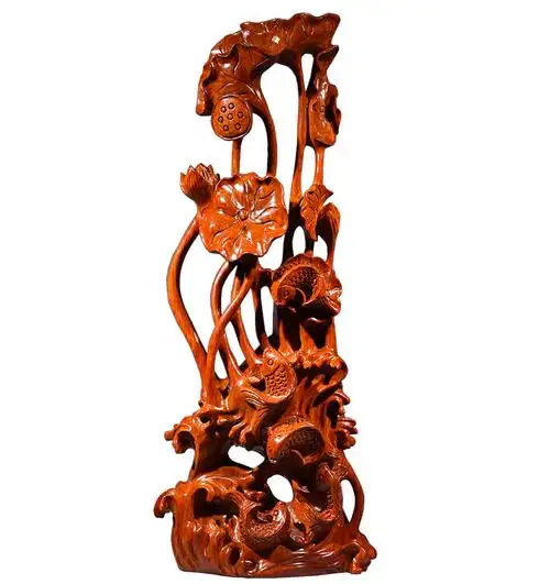 花梨木雕雕刻年年有鱼根雕摆件红木家居荷花动物木雕