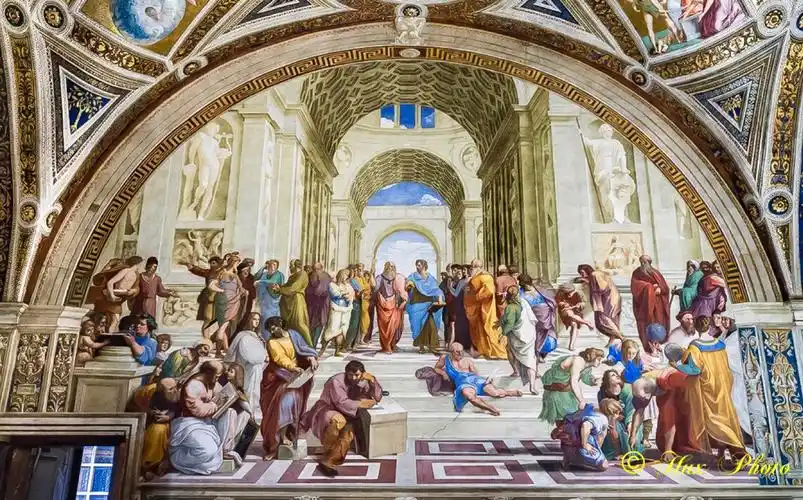 图8. 拉斐尔绘于教宗签字厅内的壁画《雅典学院》.