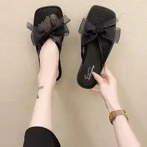 包头拖鞋女夏平底外穿韩版蝴蝶结厚底防滑懒人凉拖鞋镂空透气网纱