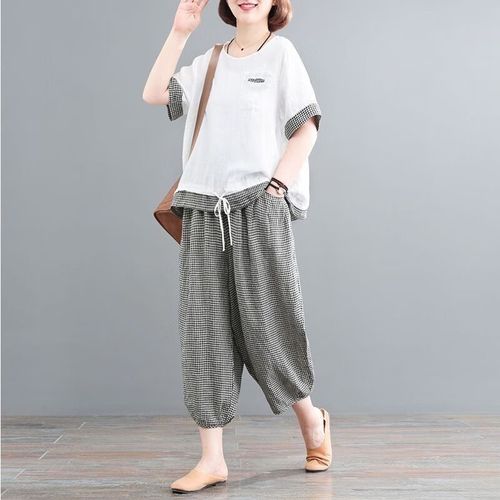 ke)夏天棉麻套装女小个子穿的娇矮个子2023年新款韩版宽松遮肉休闲两