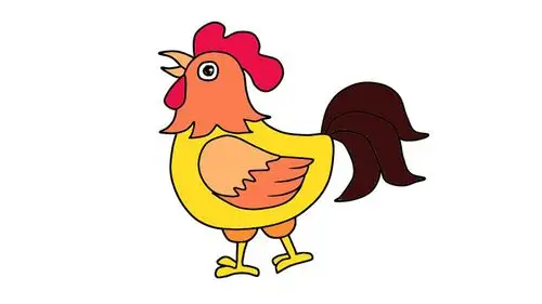 2,涂上颜色就完成了.1,画出公鸡的头,眼睛和嘴巴.画出一只翅膀.