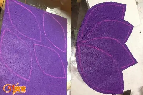 答案是,用硬纸板先剪下一个纸样,然后照着纸样描画在毛毡布上面,就ok