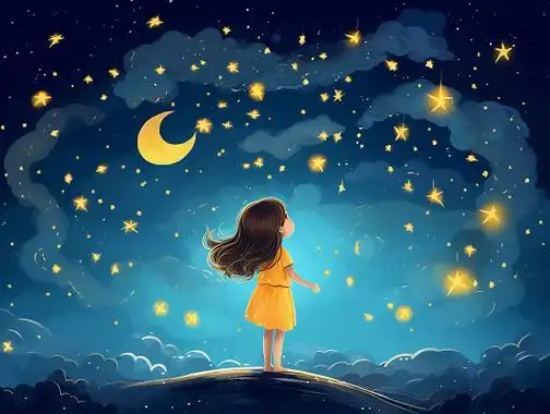 卡通唯美浪漫手绘梦幻风月亮看星星的女孩想要捕捉前方的星星全景简约