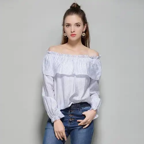 5976#2017秋季新款条纹一字领性感露肩上衣两穿长袖宽松f衬衫