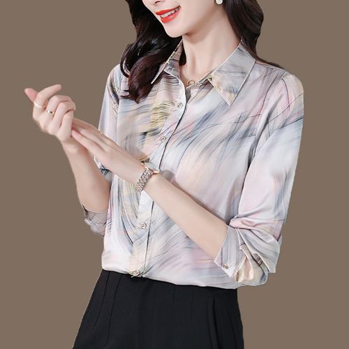 女士真丝衬衫2021秋季新款时尚气质翻领长袖遮肚显瘦桑蚕丝上衣