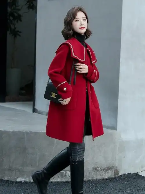 酒红色毛呢外套女小个子休闲百搭显瘦呢子大衣海军风秋冬季外套潮