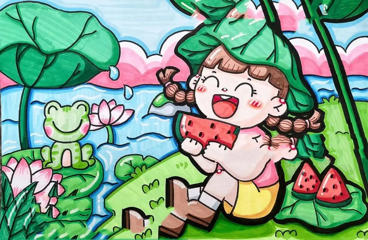 《池塘边》《夏季》🍉主题儿童画 幼师考 适用主题:《池塘边》,《夏
