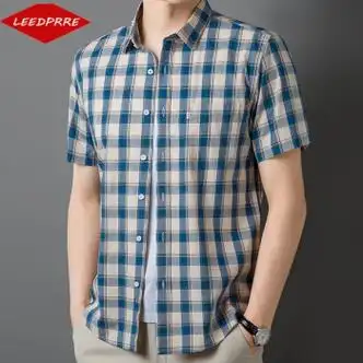 leedprre格子衬衫男短袖夏季感时尚潮流商务休闲男士衬衣口袋纯棉