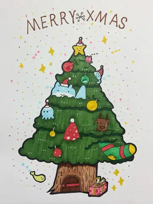 马克笔圣诞树冬天快乐圣诞是吉