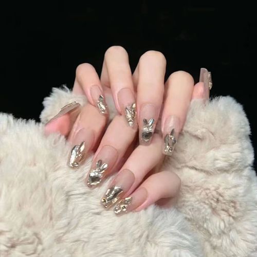 纯欲风美甲长款香槟闪钻爱心兔子高级时尚穿戴式可拆卸假指甲甲片