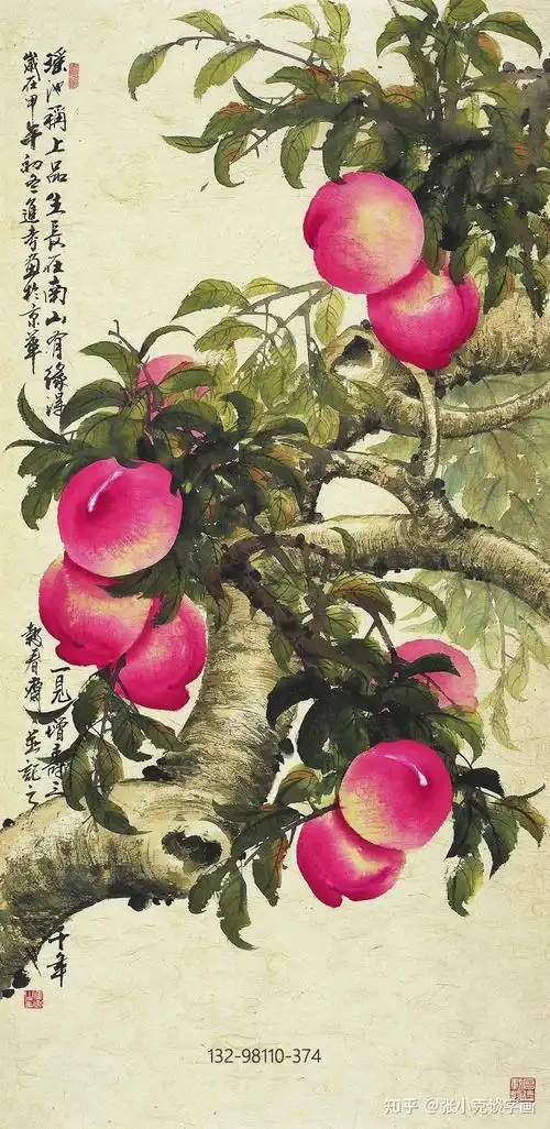 画家贾进考的国画寿桃被广大人民发现和喜爱,花鸟生动,桃子色泽诱人