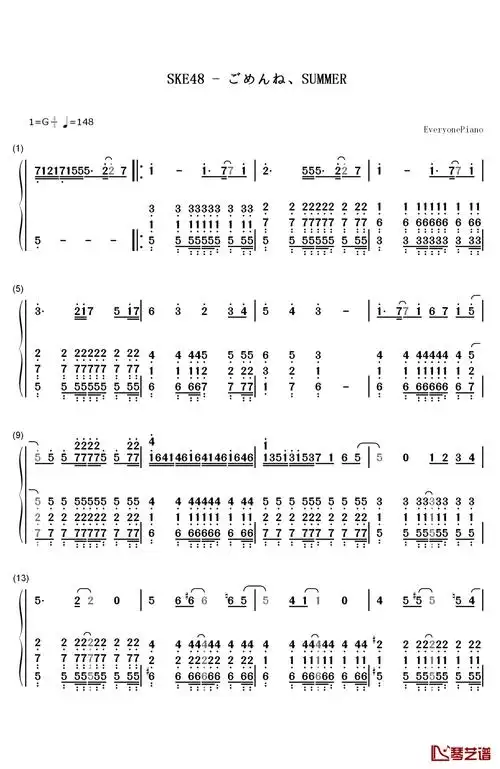 ごめんねsummer钢琴简谱数字双手ske48