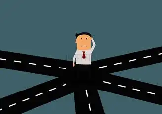 卡通迷茫的商人在十字路口选择未来的成功方向或商业战