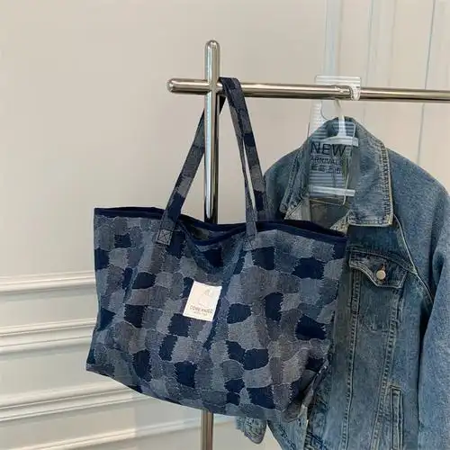 2022春款牛仔布包包女春夏时尚格子单肩斜挎包撞色大容量单肩包