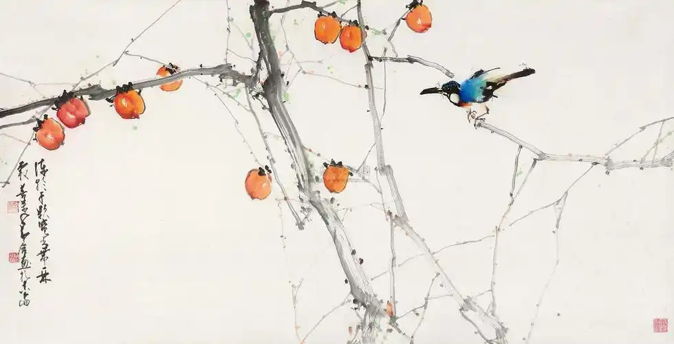 3006 柿子小鸟 镜心 设色纸本
