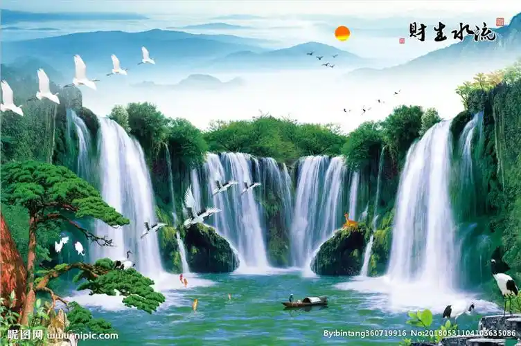 流水生财山水风景画壁画装饰画图片