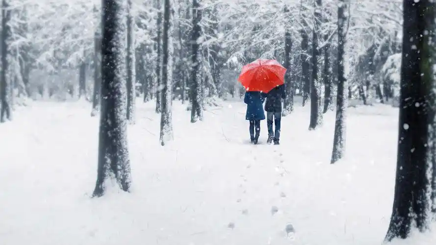 漫步在冰雪世界里的情侣桌面壁纸