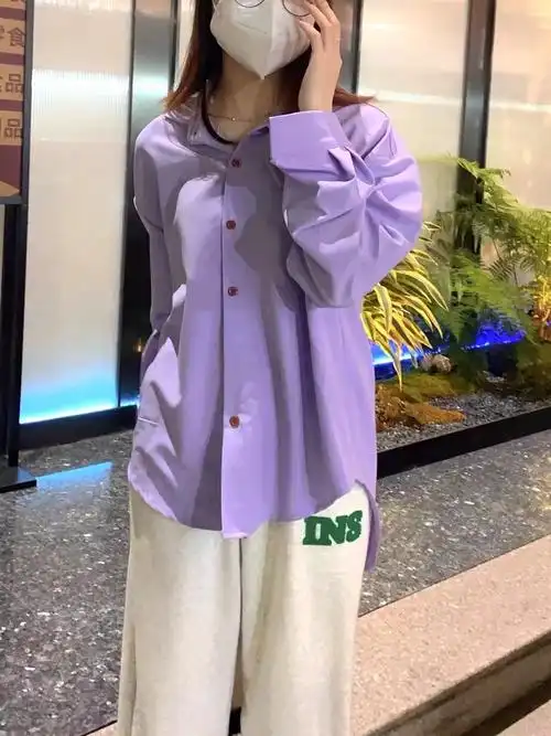 纯棉韩系紫色长袖衬衫女春衬衣小个子polo领上衣宽松夏季防晒衣服