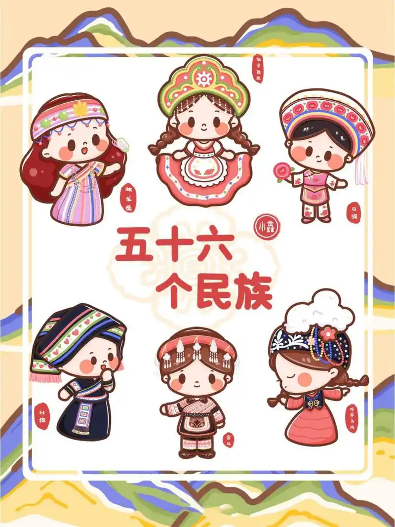 简笔画人物 56个民族合集 图1:独龙族/俄罗斯族/白族/壮族/畲族