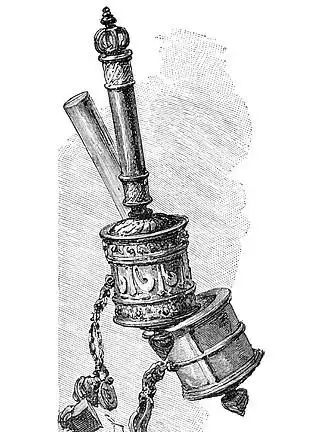 复古古董 i>黑 /i> i>白 /i>插图. 19世纪.西藏转经筒.西藏.