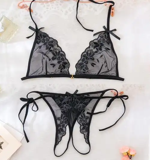 情趣内衣女士开裆刺绣诱惑透视丁字内裤女低腰性感美臀t裤1343