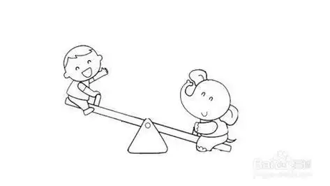 儿童简笔画两个小朋友一起做跷跷板
