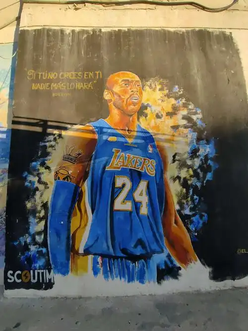 我家通往海边的路上有一块运动场地,下面这幅科比的涂鸦就在运动场