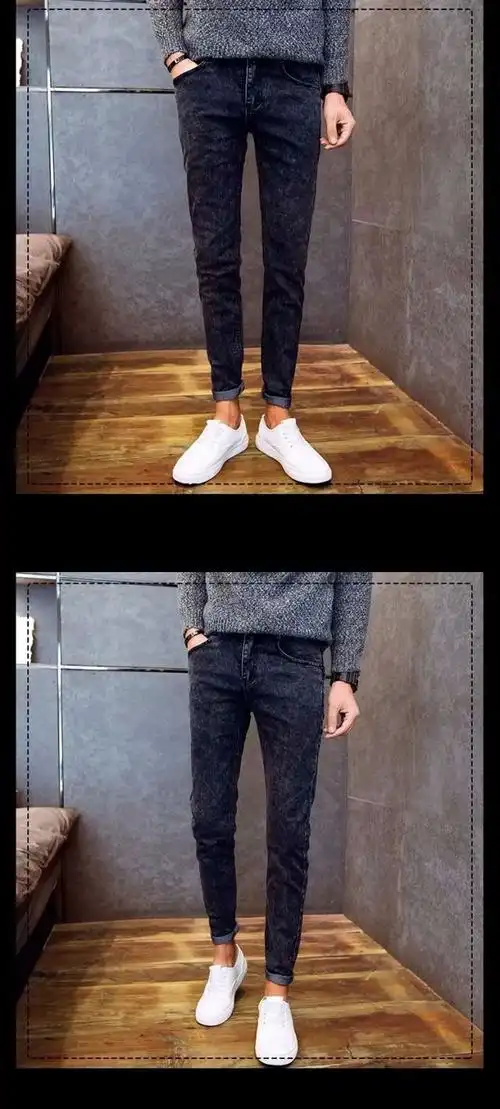 啄木鸟春秋冬季男装春装破洞牛仔裤韩版修身弹力小脚裤黑色乞丐裤学生