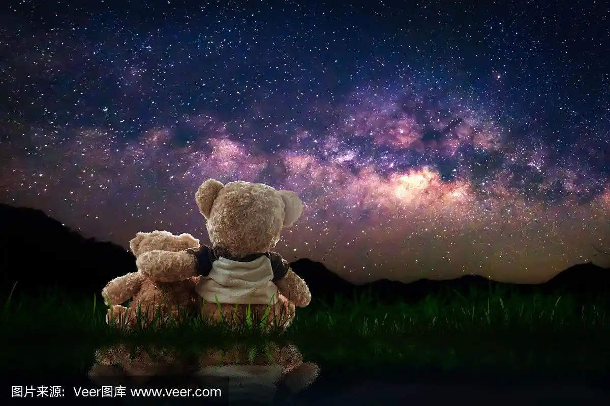 情侣们喜欢在星空下拥抱泰迪熊(无品牌),这是爱的概念