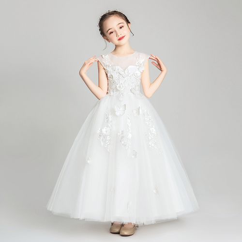 公主女童晚礼服蓬蓬纱裙小女孩花童儿童婚纱白色儿童礼服